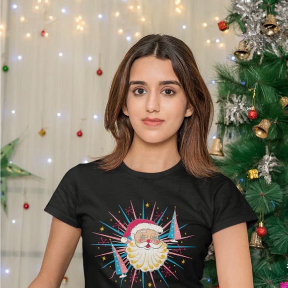 Vintage Christmas Starry Eyed Santa Holt Howard Black T-Shirt Pinup Retro MCM - Picture 2 of 4